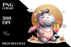Happy Hippo in Beachwear, Golden Foil PNG Product Image 2