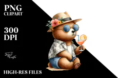 Watercolor Bear with Hipster Beachwear Cocktail PNG Product Image 2