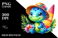 Happy Baby Dinosaur with Surfboard PNG Product Image 2