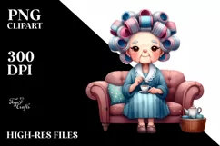 Old Lady Watercolor Character Sitting on Couch | Sublimation Product Image 1