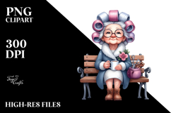 Old Lady Watercolor Character Sitting on Bench | Sublimation Product Image 2