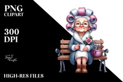 Old Lady Watercolor Character Sitting on Bench | Sublimation Product Image 2