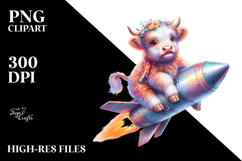 Colorful Baby Highland Cow Riding Comet PNG Product Image 2