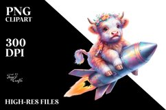 Colorful Baby Highland Cow Riding Comet PNG Product Image 1