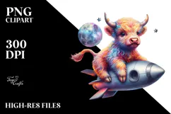 Colorful Baby Highland Cow Riding a Comet PNG Product Image 2