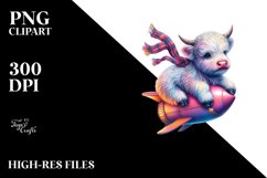 Colorful Baby Highland Cow Riding Comet PNG Product Image 1