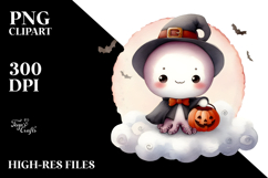 Cute Baby Octopus on Halloween Moon PNG Product Image 2