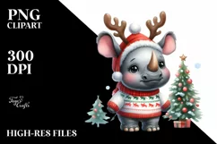 cute Watercolor Rhino with Reindeer Horns Product Image 1