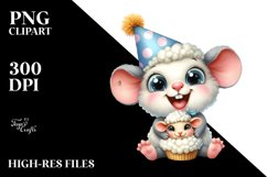 Watercolor Excited Baby Mouse Lamb Party Hat Clipart Product Image 1