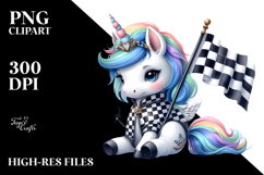 Colorful Baby Unicorn with Checkered Flag PNG Product Image 2