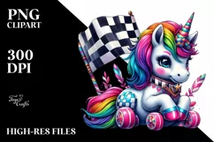 Baby Unicorn with Checkered Flag PNG Product Image 1