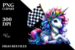 Colorful Baby Unicorn with Checkered Flag PNG Product Image 2