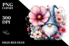 Cute Watercolor Gnome with Big Hat and Cosmos, PNG Product Image 2