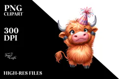 Playful Highland Cow with Party Hat PNG Product Image 2