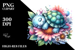Whimsical Baby Turtle Sleeping on Flower PNG Product Image 2