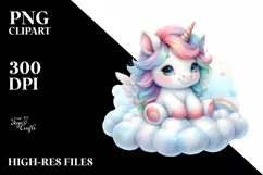 Watercolor Baby Unicorn from Cloud | Clipart Product Image 1