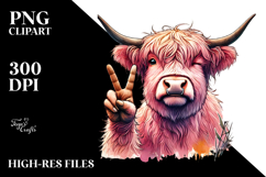 Pink Highland Cow Showing Victory Sign, Transparent PNG Product Image 2