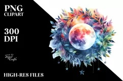 Abstract Vibrant Moon with Foliage and Stars PNG Product Image 3