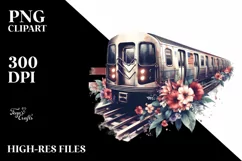 Watercolor Vintage Dirty Subway Train with Flowers Clipart Product Image 3