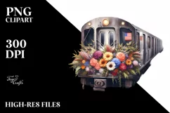 Watercolor Vintage Dirty Subway Train with Flowers Clipart Product Image 1