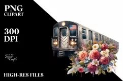Watercolor Vintage Dirty Subway Train with Flowers Clipart Product Image 1