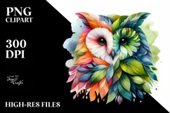 Vibrant Owl with Plant Leaves, PNG Product Image 1