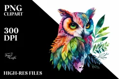 Vibrant Owl with Plant Leaves, PNG Product Image 3