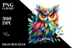 Vibrant Owl with Plant Leaves, PNG Product Image 3