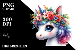 Cute Baby Unicorn with Floral Wreath PNG Product Image 2