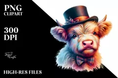 Highland Cow with Top Hat, Watercolor PNG Product Image 1