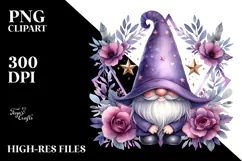 Cute Gnome with Violet Floral Frame, PNG Product Image 2