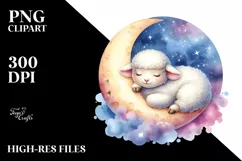 Colorful Lamb Sleeping on Moon | Watercolor Clipart Product Image 1