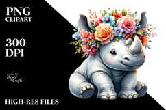 Colorful Flowers,Rhino Watercolor Clipart Product Image 2