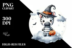 Washed Watercolor Zebra on Halloween Moon PNG Product Image 1