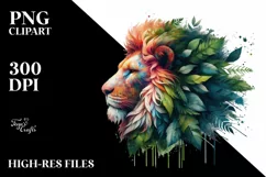 Vibrant Lion with Plant Leaves, PNG Product Image 1