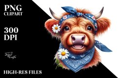 Cow Watercolor Highland Cow with Housewife Bandana | Clipart Product Image 1