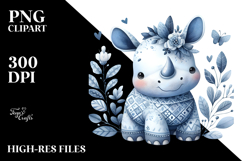 Cute Blue Toile Rhino PNG Product Image 2