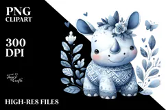 Cute Blue Toile Rhino PNG Product Image 2