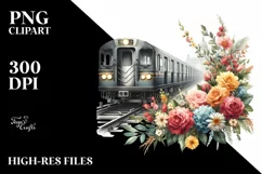 Vintage Subway Train Flowers Watercolor Clipart Product Image 1