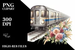 Vintage Subway Train Flowers Watercolor Clipart Product Image 1