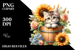Cute Baby Cat in Wood Bucket PNG Product Image 2