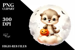Washed Watercolor Otter on Halloween Moon PNG Product Image 1