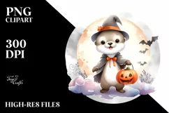 Washed Watercolor Otter on Halloween Cloud PNG Product Image 1