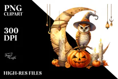 Owl Dressed for Halloween Sitting on Half Moon PNG Product Image 2