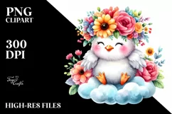 Cute Cartoon Baby Chicken on Cloud with Flower Crown PNG Product Image 3