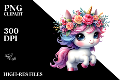 Cute Baby Unicorn with Floral Wreath PNG Product Image 2