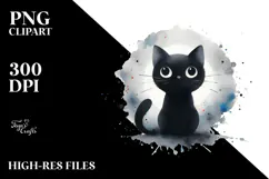Funny Black Cat, Simple Watercolor PNG Product Image 2