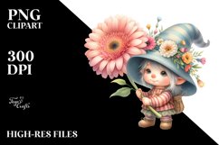 Watercolor Baby Gnome with Gerbera Floral Ornament PNG Product Image 2