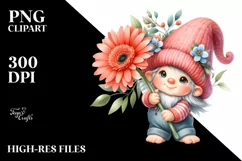 Watercolor Baby Gnome with Gerbera Floral Ornament PNG Product Image 2