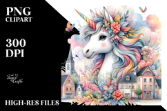 Baby Unicorn in Village Square, Watercolor PNG Product Image 2
